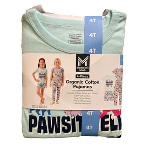 NWT Member's Mark Girls 4 Piece Organic Cotton Pajama Set Dogs & Cats 5T